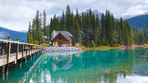 Emerald lake Yoho national park Canada British Colombia. beautiful lake in the Canadian Rockies during the Autumn fall season photo