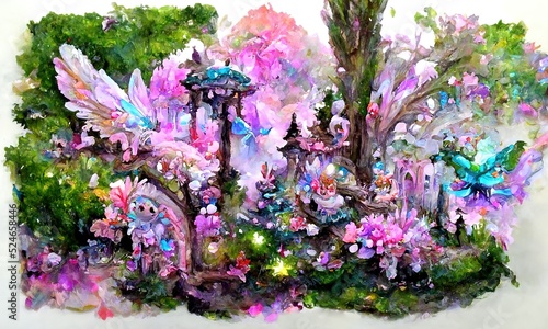 Abstract fantasy fairies with ornate wings flying in magical forest photo