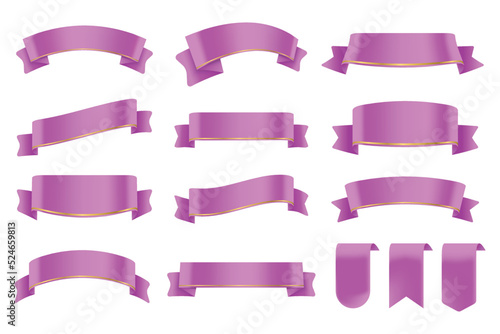 Set of Light Purple Color Ribbons and Tags isolated on white background. 3D Vector Illustration.