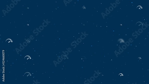 Template animation of evenly spaced tachometer symbols of different sizes and opacity. Animation of transparency and size. Seamless looped 4k animation on dark blue background with stars