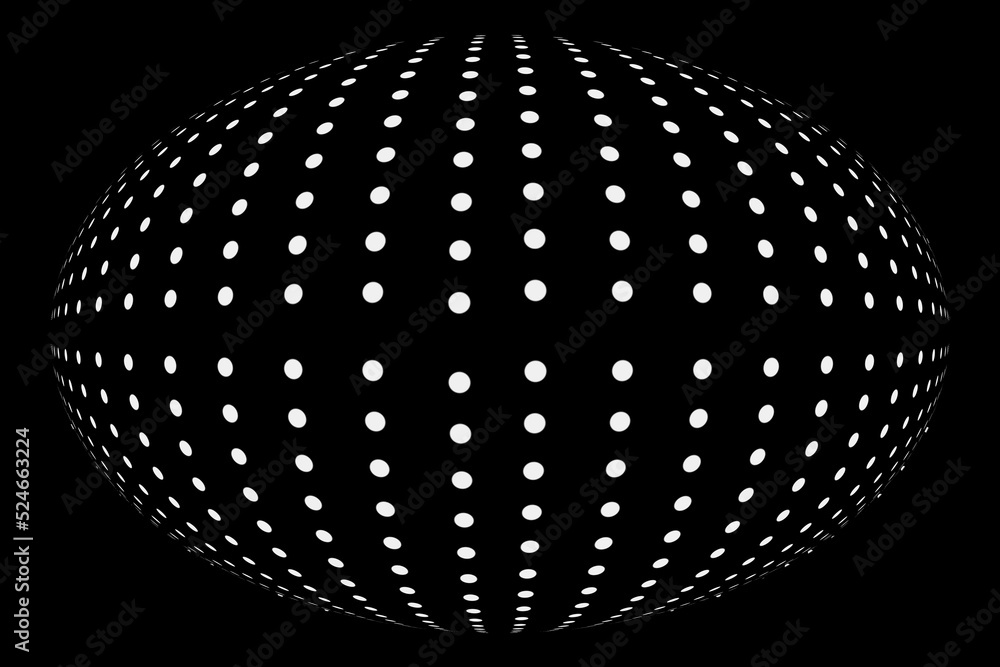 illustration 3D dotted on elliptical graphic design shapes and optical effects isolated on black background.