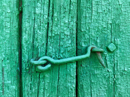 latch hook locks an old wooden gate painted green with peeling paint