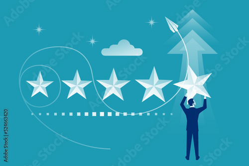 Star rating. Businessman holding a gold star in hand, to give five. Feedback concept. Evaluation system. Positive review. Vector illustration flat design. Isolated on white background. Quality work.