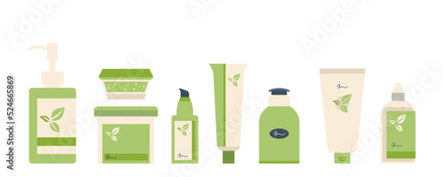 Set of colorful bottles, jars and tubes with organic cosmetics vector float illustration. set cosmetics for oil skin in Korean skincare isolated on white. Natural eco friendly composition