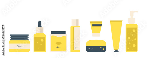 Set of colorful bottles, jars and tubes with organic cosmetics vector float illustration. set cosmetics for dry skin in Korean skincare isolated on white. Natural eco friendly composition