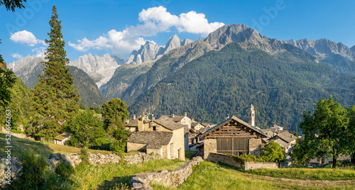 The Soglio village and Piz Badile  Pizzo Cengalo  and Sciora peaks in the Bregaglia range - Switzerland.