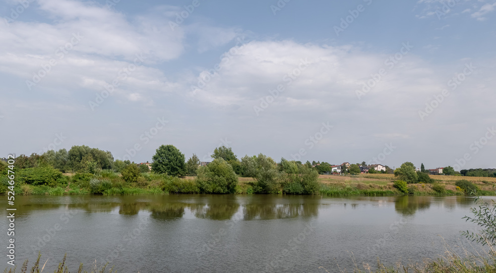 Panorama rzeki Odry w obszarach polnych, w tle zarośla i nieliczne drzewa w porze letniej na tle nieznacznie pochmurnego nieba Panorama rzeki Odry w obszarach polnych, w tle zarośla i nieliczne drzewa w porze letniej na tle nieznacznie pochmurnego nieba