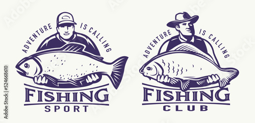 Happy fisherman holding big fish in hands. Fishing emblem, badge set. Outdoor activities concept vector illustration