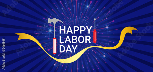 Happy Labor Day template background. Blue background with hammer and screwdriver symbol. Vector illustration