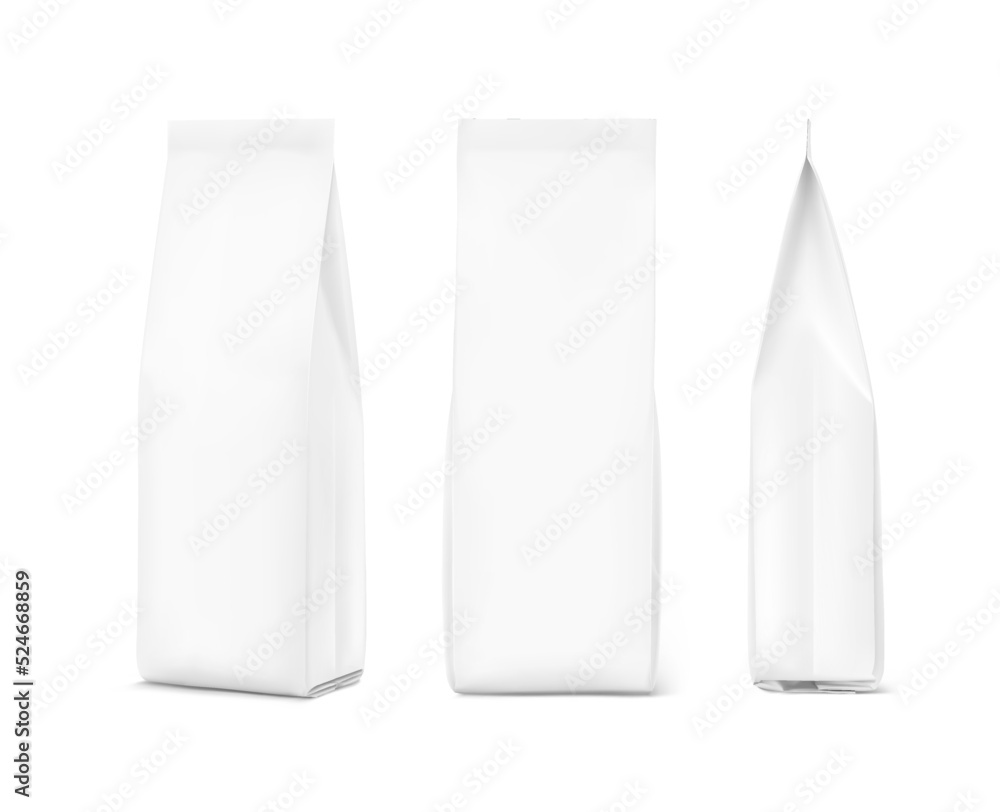 Vertical bag mockup. Vector illustration. Front, side and perspective view. Ready for your design. Perfect for the presentation of coffee, food, for pets, household, etc. Vertical bag mockup. Vector illustration. Front, side and perspective view. Ready for your design. Perfect for the presentation of coffee, food, for pets, household, etc.