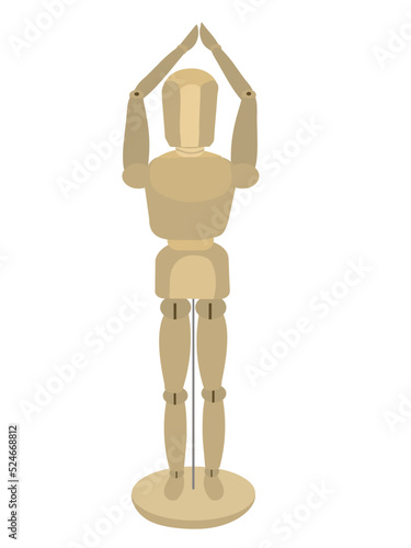 Wooden drawing mannequin that clasping hands above its head isolated on white background.