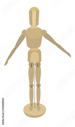 Flat wooden drawing mannequin with open arms isolated on white background.