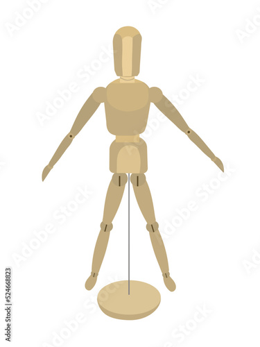Wooden drawing mannequin with open arms and open legs isolated on white background.