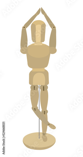 Wooden drawing mannequin with ballet dancer stance isolated on white background.