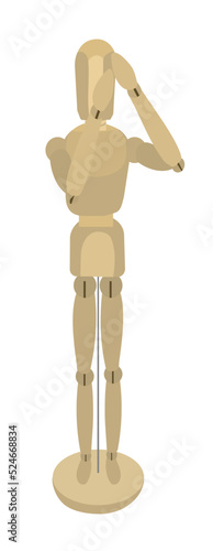 Wooden drawing mannequin that touching its face isolated on white background.