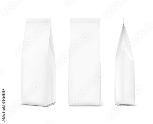 Vertical bag mockup. Vector illustration. Front, side and perspective view. Ready for your design. Perfect for the presentation of coffee, food, for pets, household, etc.	