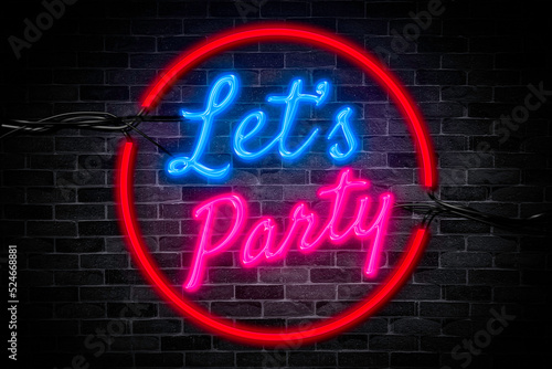 Let's party sign symbol neon banner, light signboard.