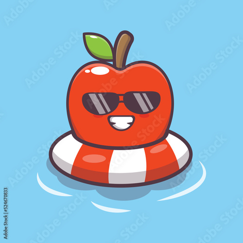 Cute apple cartoon mascot character in sunglasses on pool float