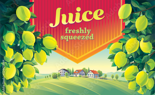 Illustration of a rural scenery, with lemon tree branches in the foreground and design elements, and a village in the background. Vector illustration.