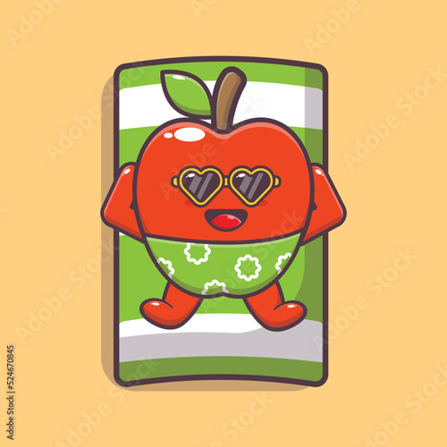Cute apple cartoon mascot character in sunglasses sleeping on beach