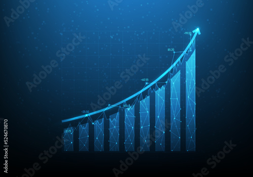 business investment planning graph to success. business stair to goal achievement. vector illustration digital fantastic design. on blue dark background. consists of dot,line and triangle low poly.