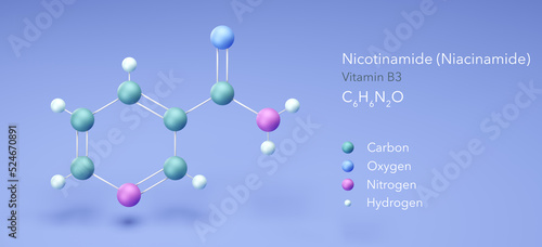 nicotinamide, niacinamide, vitamin b3, molecular structures, 3d model, Structural Chemical Formula and Atoms with Color Coding photo