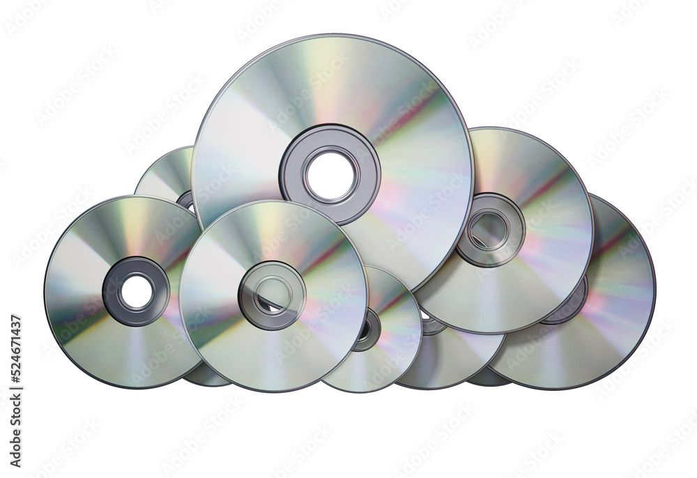 DVD or CD discs arranged as a cloud symbol. Data storage concept. 3D illustration DVD or CD discs arranged as a cloud symbol. Data storage concept. 3D illustration