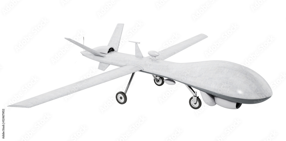 White military unmanned drone isolated on white background. 3D illustration White military unmanned drone isolated on white background. 3D illustration