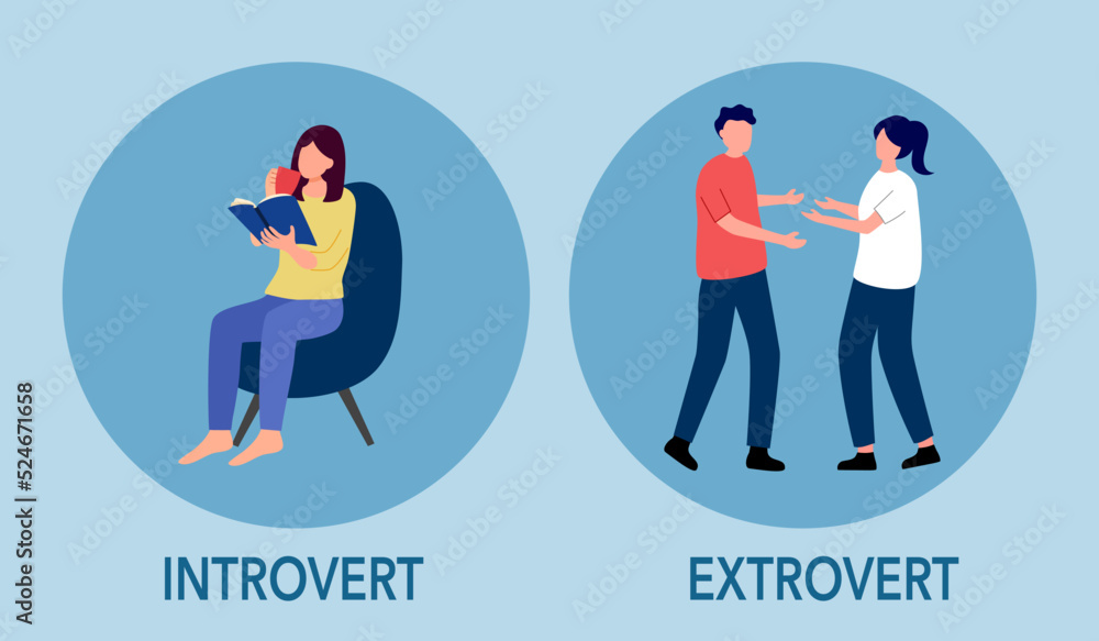 Introvert and extrovert personality character concept vector illustration. Introvert woman enjoy reading book alone. Extrovert people are talkative and enjoy meeting new people. - obrazy, fototapety, plakaty 