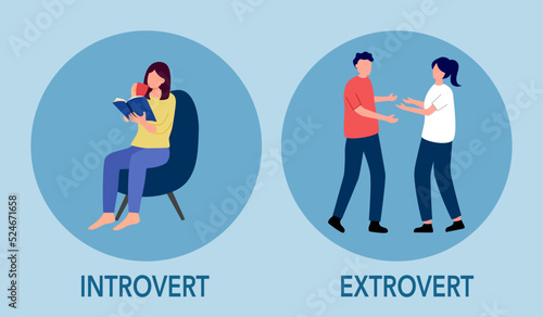 Introvert and extrovert personality character concept vector illustration. Introvert woman enjoy reading book alone. Extrovert people are talkative and enjoy meeting new people. photo