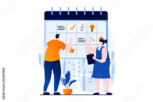 Strategic planning concept with people scene in flat cartoon design. Man and woman develop strategy, sets tasks at calendar and organizes workflows in office. Illustration visual story for web