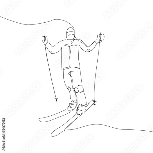Man skiing down the mountain one line art. Continuous line drawing sport, winter sports, do tricks, skis, ski poles, goggles, competition, extreme, uniform, man, woman, leisure, hobby.