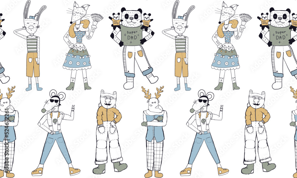 Naklejka premium Vector seamless pattern with funny animals in clothes in children s primitive style. Hand drawn vector endless background