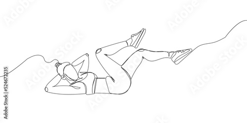 Woman doing abdominal exercise one line art. Continuous line drawing sports, fitness, pilates, athletics, strength, athletic, asana, athlete, woman, gym, stretching, sexy body workout.