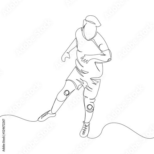 Soccer player on the offensive one line art. Continuous line drawing game, sport, football, activity, training, running, cleats.