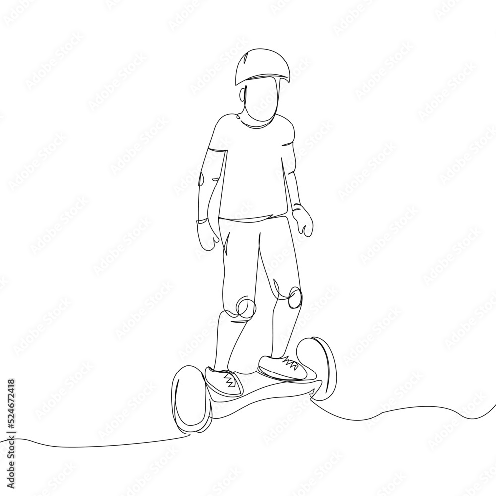 Boy riding a gyro board one line art. Continuous line drawing sports, training, sport, leisure, teenager, doing tricks, street culture, gyroscooter, urban, extreme, youth man, stadium. Boy riding a gyro board one line art. Continuous line drawing sports, training, sport, leisure, teenager, doing tricks, street culture, gyroscooter, urban, extreme, youth man, stadium.