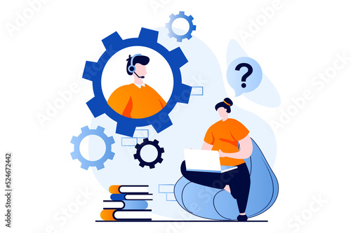 Fototapeta Naklejka Na Ścianę i Meble -  Technical support concept with people scene in flat cartoon design. Woman chatting to operator with question. Man in headset solving tech problems of clients. Illustration visual story for web