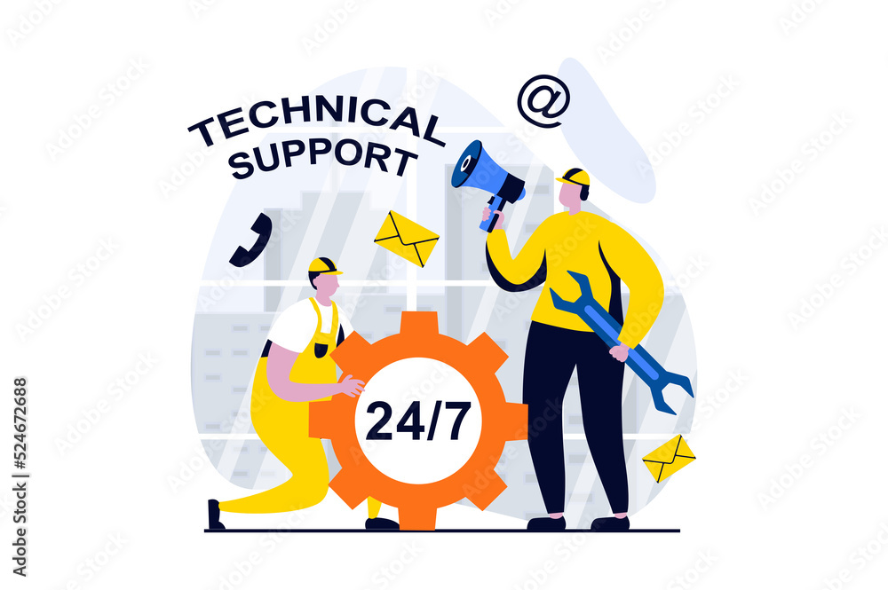 Technical support concept with people scene in flat cartoon design. Tech team answers calls, makes repairs and solves customer problems around the clock. Illustration visual story for web