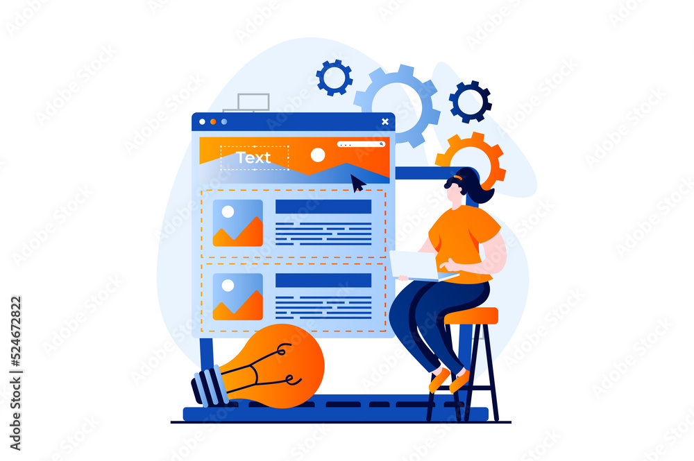 Ui ux design concept with people scene in flat cartoon design. Woman designer creates user interface, working with layout using laptop, generating new ideas. Illustration visual story for web Ui ux design concept with people scene in flat cartoon design. Woman designer creates user interface, working with layout using laptop, generating new ideas. Illustration visual story for web
