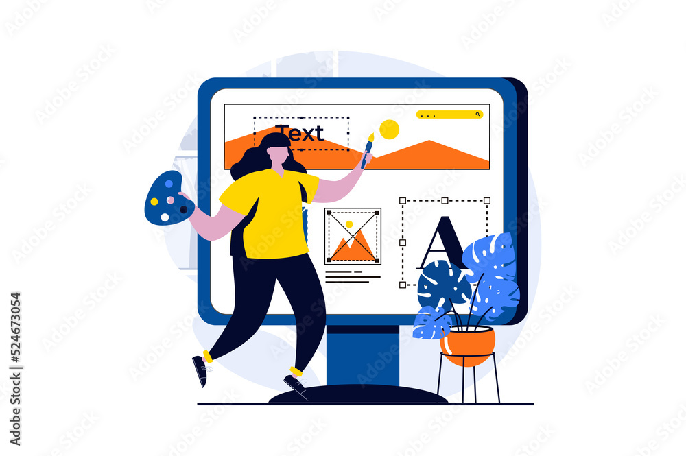 Ui ux design concept with people scene in flat cartoon design. Woman ...
