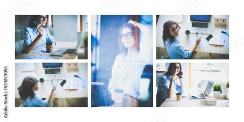 Young woman sitting at office table with laptop,view through window. Young woman