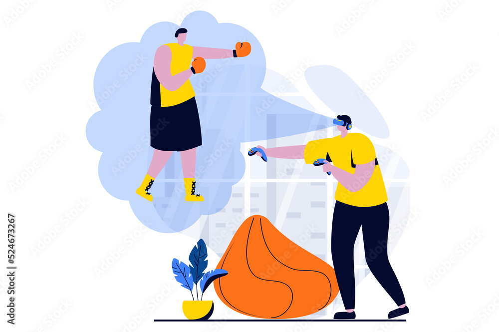 Virtual reality concept with people scene in flat cartoon design. Man in VR glasses interacting with using controllers for boxing at competition simulation. Illustration visual story for web