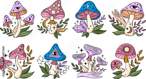 Magic boho mushrooms vector illustrations set. Mystical witchy celestial mushrooms clipart