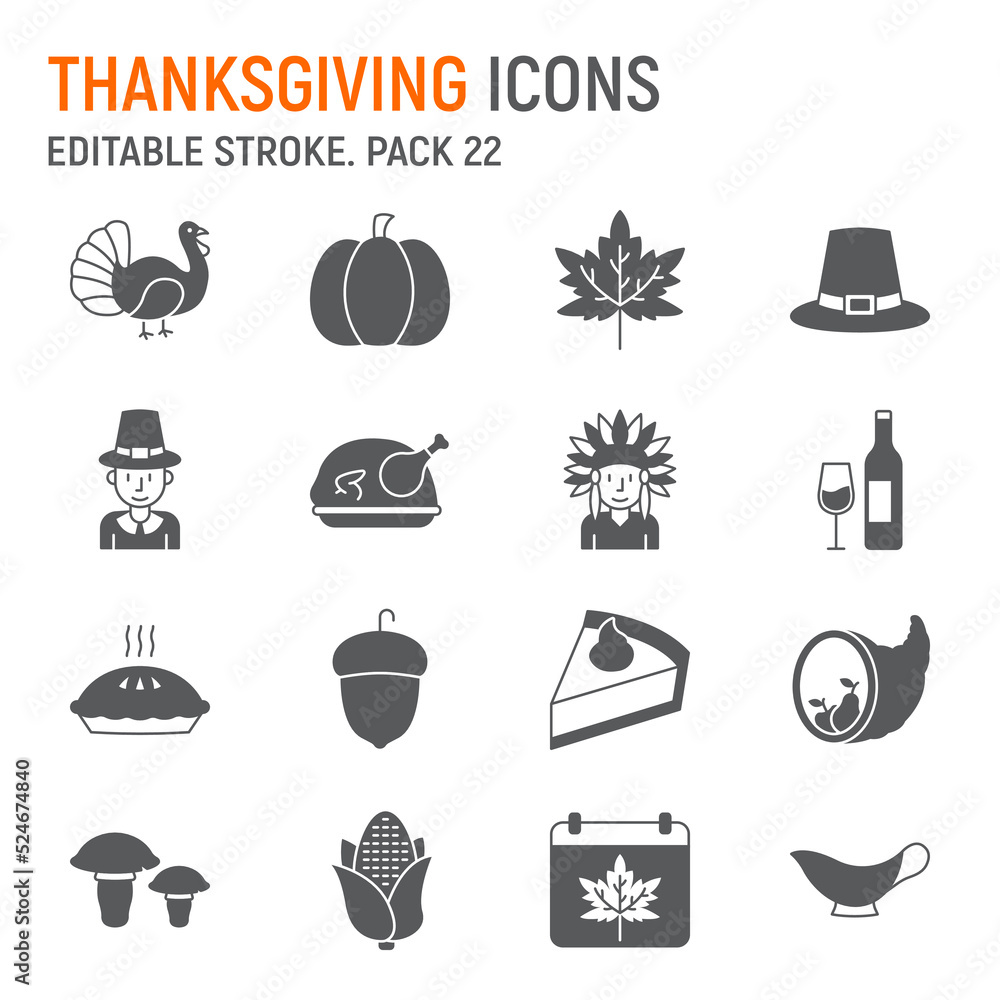 Thanksgiving glyph icon set, autumn collection, vector graphics, logo illustrations, Thanksgiving day vector icons, holiday signs, solid pictograms, editable stroke