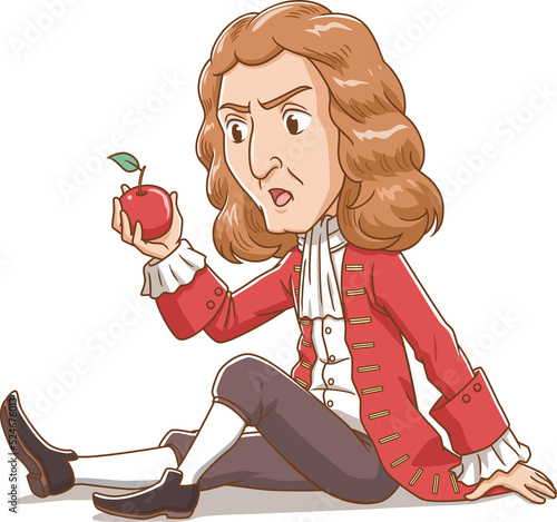 Cartoon character of Sir Isaac Newton looking at apple.	 photo