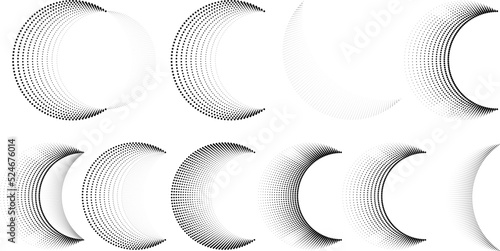 Halftone dots in Semi Circle Form .  Vector Illustration .Technology round. Moon Logo . Design element . Abstract Geometric shape . letter c .