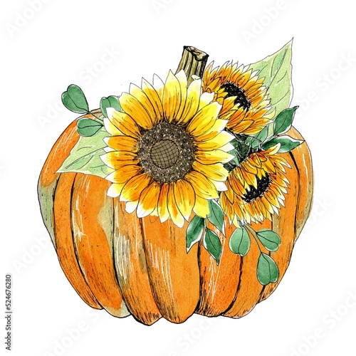 Watercolor fall composition. Autumn halloween pumpkin decor. Thanksgiving decor, pumpkin with sunflowers arrangement, isolated photo