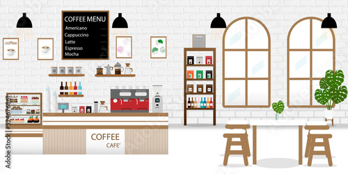 Barista in cafeteria or coffee shop,concept. illustration cafe interior,man in restaurant and coffee