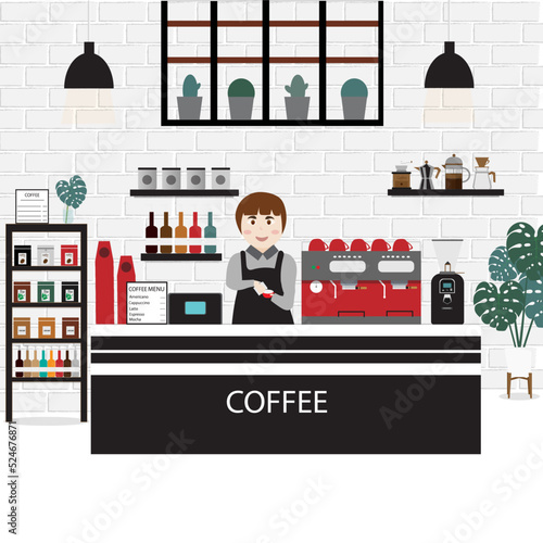Barista in cafeteria or coffee shop,concept. illustration cafe interior,man in restaurant and coffee