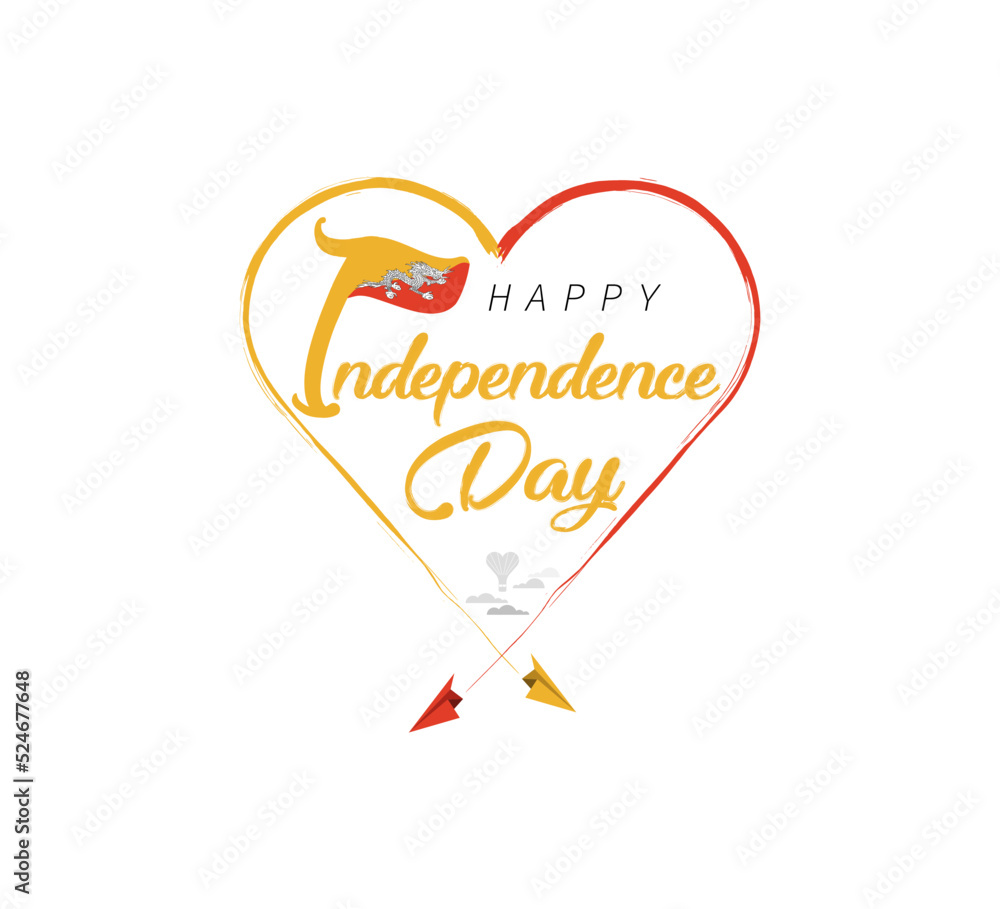 happy independence day of Bhutan. Airplane draws cloud from heart. National flag vector illustration on white background.